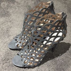 NEVER BEEN WORN gray caged peep toe booties!!